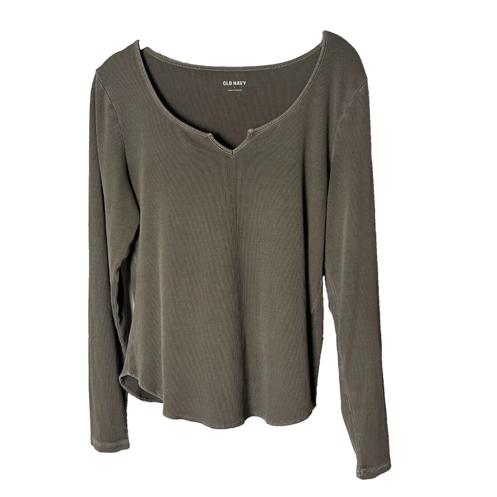 Old Navy Women's Top Size Large Brown Ribbed Long Sleeves Stretch Casual Cotton